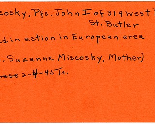World War II, Vindicator, John I. Miscosky, Butler, killed, Europe, 1945, Trumbull, Mrs. Suzanne Miscosky