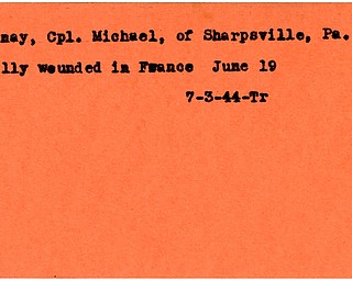 World War II, Vindicator, Michael Misinay, Sharpsville, Pennsylvania, wounded, France, 1944, Trumbull, fatally wounded