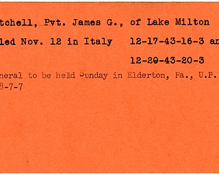 World War II, Vindicator, James G. Mitchell, Lake Milton, killed, Italy, 1943, funeral, Elderton, Pennsylvania, U.P. Church, 1948