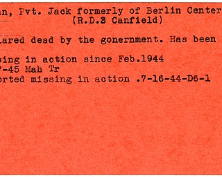 World War II, Vindicator, Jack Moan, Berlin Center, missing, declared dead, 1944, 1945, Mahoning, Trumbull
