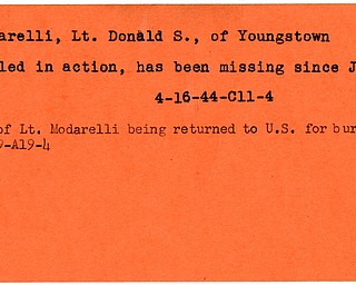 World War II, Vindicator, Donald S. Modarelli, Youngstown, missing, killed, 1944, body returned to U.S., burial, 1949