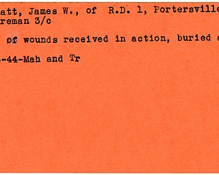 World War II, Vindicator, James W. Moffatt, Portersville, wounded, died of wounds, killed, buried at sea, 1944, Mahoning, Trumbull