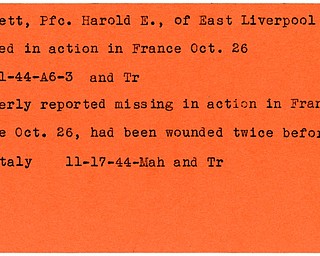 World War II, Vindicator, Harold E. Moffett, East Liverpool, wounded, Italy, missing, France, killed, 1944, Mahoning, Trumbull