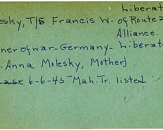 World War II, Vindicator, Francis W. Molesky, Alliance, prisoner, Germany, liberated, 1945, Mahoning, Trumbull, Mrs. Anna Molesky