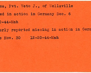 World War II, Vindicator, Veto J. Monaca, Wellsville, missing, Germany, killed, 1944, Mahoning