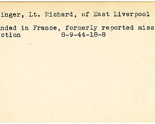 World War II, Vindicator, Richard Moninger, East Liverpool, wounded, France, missing, 1944