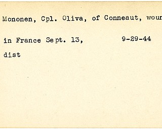 World War II, Vindicator, Oliva Mononen, Conneaut, wounded, France, 1944