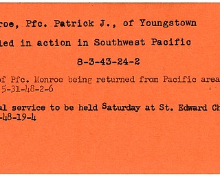 World War II, Vindicator, Patrick J. Monroe, Youngstown, killed, Southwest Pacific, 1943, funeral, St. Edward Church, 1948