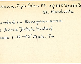 World War II, Vindicator, John M. Montana, Meadville, wounded, Europe, 1945, Mahoning, Trumbull, Mrs. Anna Ditch