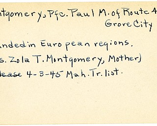 World War II, Vindicator, Paul M. Montgomery, Grove City, wounded, Europe, 1945, Mahoning, Trumbull, Mrs. Zola T. Montgomery