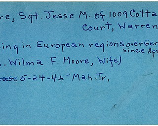 World War II, Vindicator, Jesse M. Moore, Warren, missing, Europe, Germany, 1945, Mahoning, Trumbull, Mrs. Wilma F. Moore