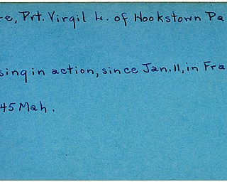 World War II, Vindicator, Virgil L. Moore, Hookstown, Pennsylvania, missing, France, 1945, Mahoning