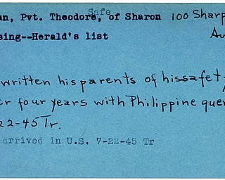 World War II, Vindicator, Theodore Moran, Sharon, missing, safe, Philippine guerrillas, arrived U.S., 1945, Trumbull