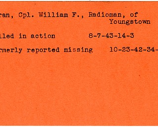 World War II, Vindicator, William F. Moran, Youngstown, missing, 1942, killed, 1943