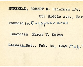 World War II, Vindicator, Robert B. Morehead, Robert Morehead, Ravenna, wounded, Europe, 1945, Mahoning, Trumbull, Guardian Harry V. Downs