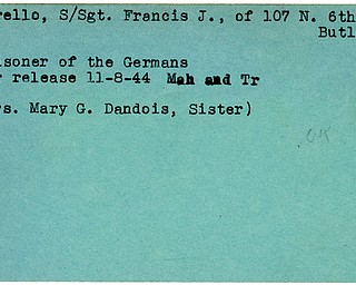 World War II, Vindicator, Francis J. Morello, Butler, prisoner, Germans, Germany, 1944, Mahoning, Trumbull, Mrs. Mary G. Dandois