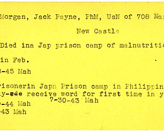 World War II, Vindicator, Jack Payne Morgan, New Castle, prisoner, Japanese prison camp, Philippines, Japan, died of malnutrition, 1943, 1944, 1945, Mahoning