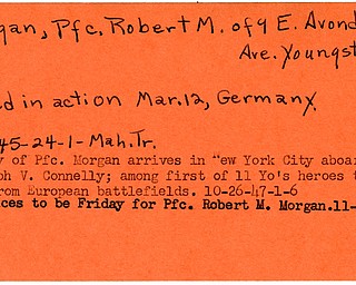 World War II, Vindicator, Robert M. Morgan, Youngstown, killed, Germany, 1945, body arrived in New York City, SS Joseph V. Connelly, services, 1947, Mahoning, Trumbull