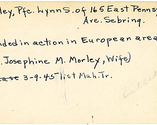 World War II, Vindicator, Lynn S. Morley, Sebring, wounded, Europe, 1945, Mahoning, Trumbull, Mrs. Josephine M. Morley