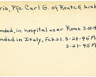 World War II, Vindicator, Carl G. Morris, Lisbon, wounded, Italy, in hospital, Rome, 1945, Mahoning, Trumbull