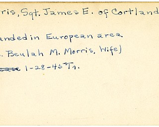 World War II, Vindicator, James E. Morris, Cortland, wounded, Europe, 1945, Trumbull, Mrs. Beulah M. Morris
