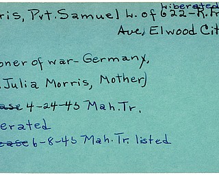World War II, Vindicator, Samuel L. Morris, Ellwood City, prisoner, Germany, liberated, 1945, Mahoning, Trumbull, Mrs. Julia Morris