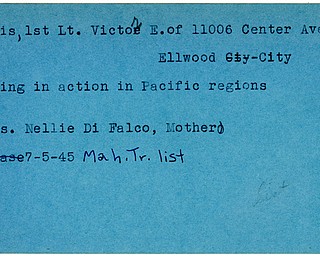 World War II, Vindicator, Victor Morris, Ellwood City, missing, Pacific, 1945, Mahoning, Trumbull, Mrs. Nellie Di Falco