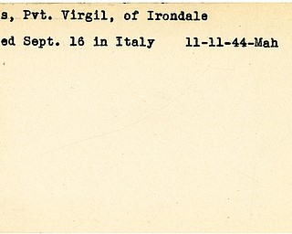 World War II, Vindicator, Virgil Morris, Irondale, wounded, Italy, 1944, Mahoning