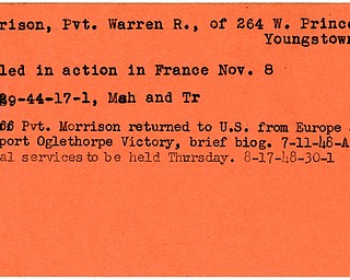 World War II, Vindicator, Warren R. Morrison, Youngstown, killed, France, 1944, body returned to U.S., transport Oglethrope Victory, funeral, 1948, Mahoning, Trumbull