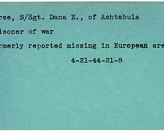 World War II, Vindicator, Dana E. Morse, Ashtabula, missing, Europe, prisoner, 1944
