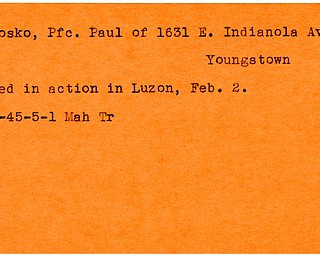 World War II, Vindicator, Paul Motosko, Youngstown, killed, Luzon, 1945, Mahoning, Trumbull