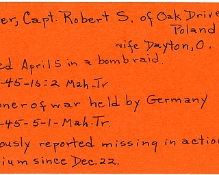 World War II, Vindicator, Robert S. Moyer, Poland, missing, Belgium, prisoner, Germany, killed, bomb raid, 1945, Mahoning, Trumbull