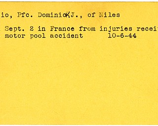 World War II, Vindicator, Dominick J. Muccio, Niles, died of injuries, France, motor pool accident, 1944