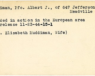 World War II, Vindicator, Albert J. Muddiman, Meadville, wounded, Europe, 1944, Mrs. Elisabeth Muddiman