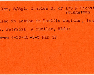 World War II, Vindicator, Charles D. Mueller, Youngstown, killed, Pacific, Luzon, 1945, Mahoning, Trumbull, Mrs. Patricia J. Mueller