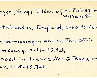 World War II, Vindicator, Elden Munyon, East Palestine, wounded, France, missing, Luxembourg, hospitlized, England, 1945, Mahoning, Trumbull