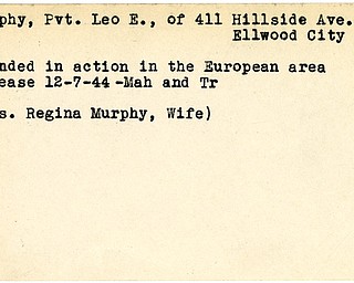 World War II, Vindicator, Leo E. Murphy, Ellwood City, wounded, Europe, 1944, Mahoning, Trumbull, Mrs. Regina Murphy