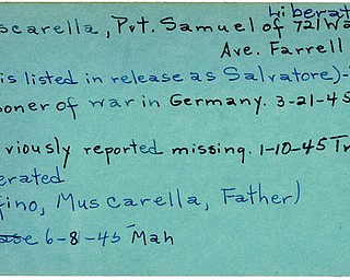 World War II, Vindicator, Samuel Muscarella, Farrell, Salvatore, missing, prisoner, Germany, liberated, 1945, Trumbull, Epifino Muscarella