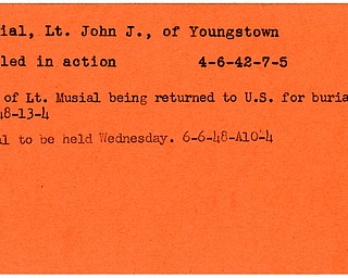 World War II, Vindicator, John J. Musial, Youngstown, killed, 1942, body returned to U.S., burial, funeral, 1948