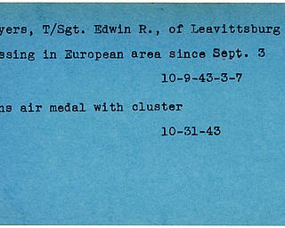 World War II, Vindicator, Edwin R. Myers, Leavittsburg, missing, Europe, 1943, wins air medal with cluster