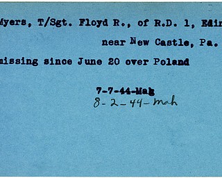 World War II, Vindicator, Floyd R. Myers, Edinburg, New Castle, Pennsylvania, missing, Poland, 1944, Mahoning