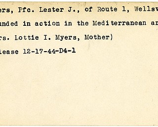 World War II, Vindicator, Lester J. Myers, Wellsville, wounded, Mediterranean, 1944, Mrs. Lottie I. Myers