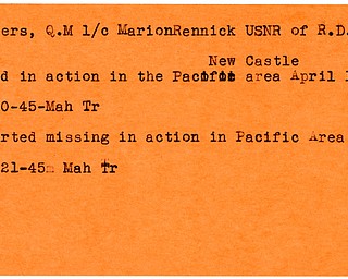 World War II, Vindicator, Marion Rennick Myers, New Castle, missing, Pacific, killed, 1945, Mahoning, Trumbull
