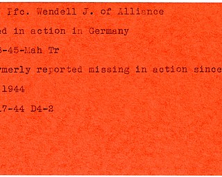 World War II, Vindicator, Wendell J. Myers, Alliance, missing, 1944, killed, Germany, 1945, Mahoning, Trumbull