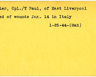 World War II, Vindicator, Paul Myler, East Liverpool, wounded, died of wounds, killed, Italy, 1944, Mahoning