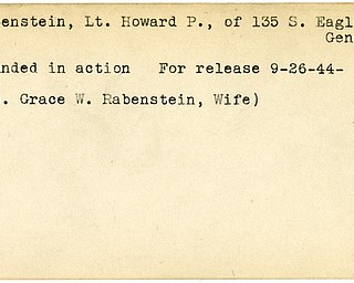 World War II, Vindicator, Howard P. Rabenstein, Geneva, wounded, 1944, Mrs. Grace W. Rabenstein