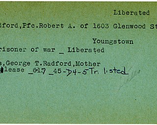 World War II, Vindicator, Robert A. Radford, Youngstown, prisoner, liberated, Mrs. George T. Radford, 1945, Trumbull