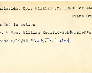 World War II, Vindicator, William Radmilovich Jr., Salem, wounded, Mr. & Mrs. William Radmilovich Sr., 1945, Mahoning, Trumbull