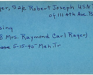 World War II, Vindicator, Robert Joseph Rager, Butler, missing, Mr. & Mrs. Raymond Carl Rager, 1945, Mahoning, Trumbull