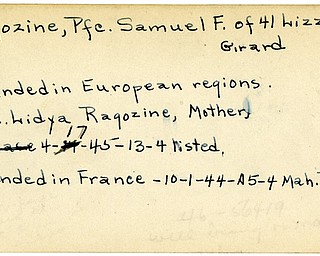 World War II, Vindicator, Samuel F. Ragozine, Girard, wounded, Europe, Mrs. Lidya Ragozine, 1945, France, 1944, Mahoning, Trumbull